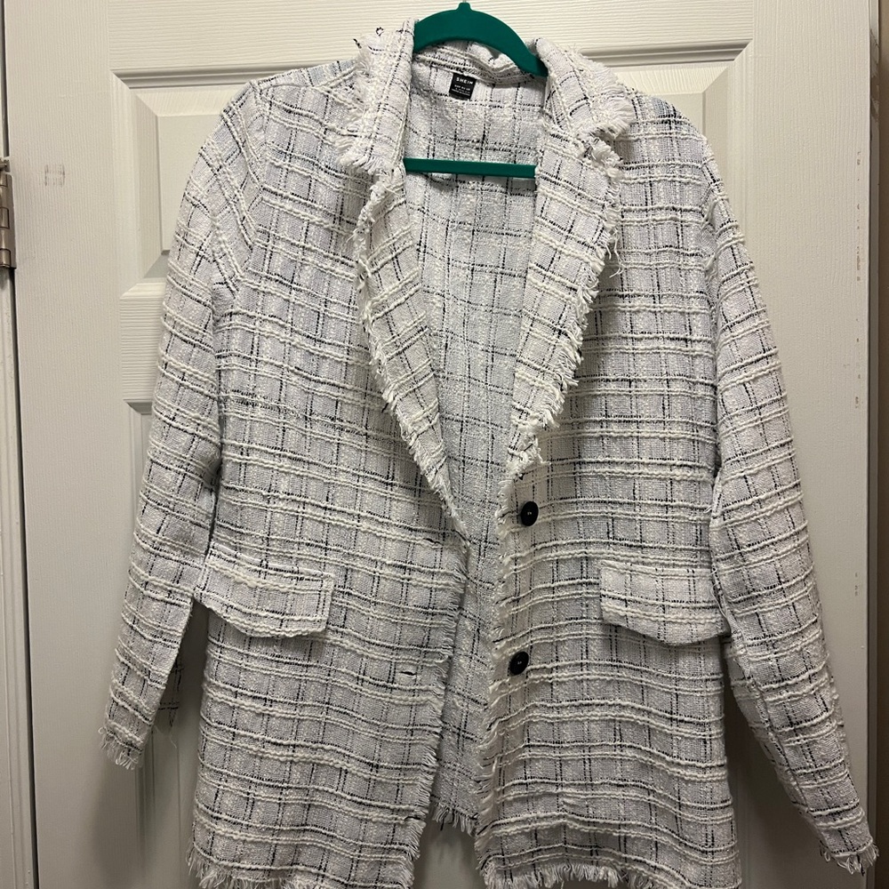 SHEIN White and Black Plaid Blazer